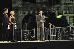 Program svečanog otvaranja 55. festivala igranog filma u Puli; voditelji programa Damir Markovina i Nina Kaić i gradonačelnik Pule Boris Miletić